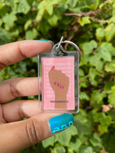 Load image into Gallery viewer, Female Fist Black Lives Matter Keyring Keychain Pink Background #BLM Nail Art