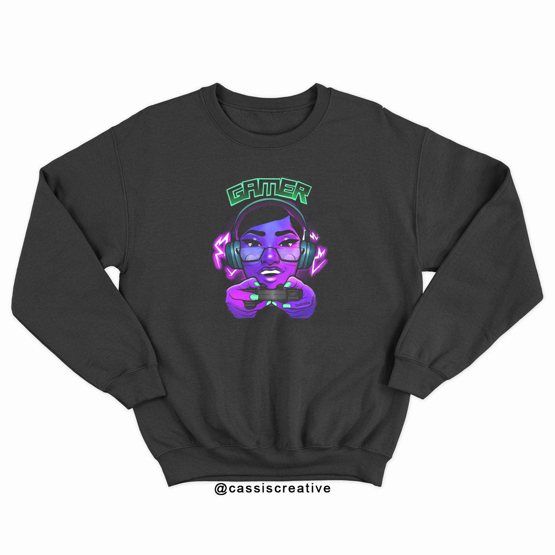 Gaming Gamer Girl Sweatshirt With Lady Wearing Headset Holding Controller Pad